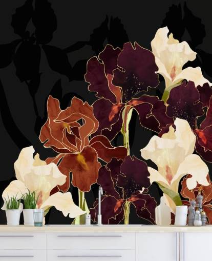 Black background with a mixture of purple, brown and white iris flowers