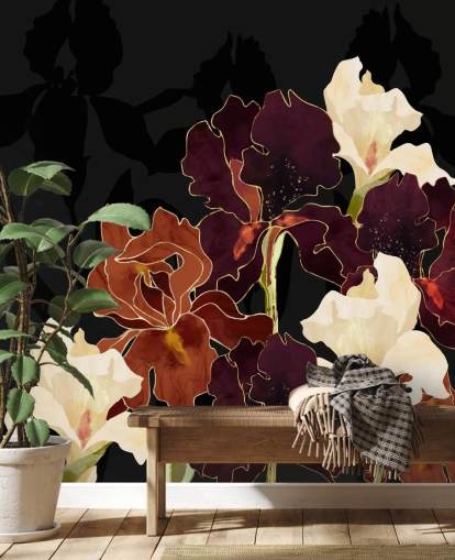 Zwarte achtergrond met een mix van paarse, bruine en witte irisbloemen