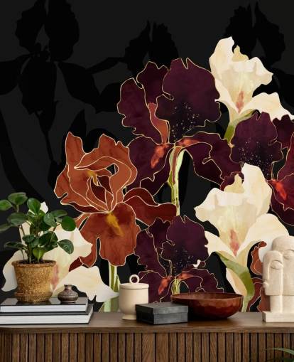 Black background with a mixture of purple, brown and white iris flowers