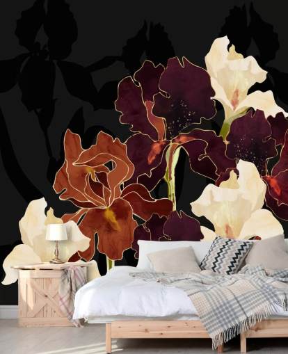 Fondo negro con una mezcla de flores de iris moradas, marrones y blancas