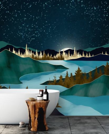 Ciel bleu marine au-dessus de montagnes verdoyantes avec une rivière bleu clair