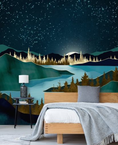 Navy sky over green mountains with a light blue river Navy sky over green mountains with a light blue river