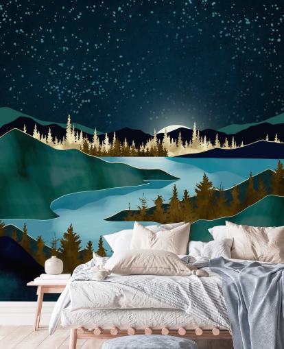 Navy sky over green mountains with a light blue river