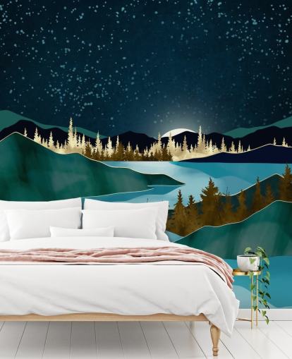 Navy sky over green mountains with a light blue river Navy sky over green mountains with a light blue river