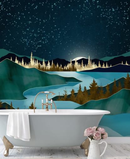 Navy sky over green mountains with a light blue river