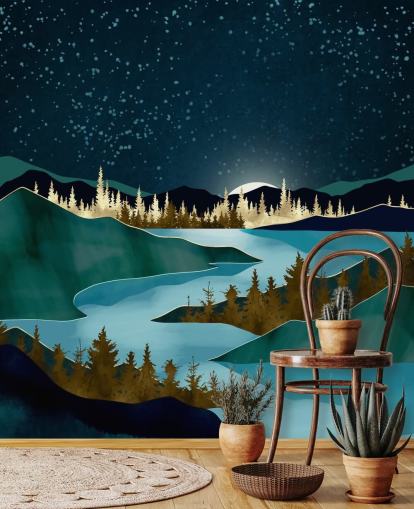 Navy sky over green mountains with a light blue river wall mural Navy sky over green mountains with a light blue river wall mural