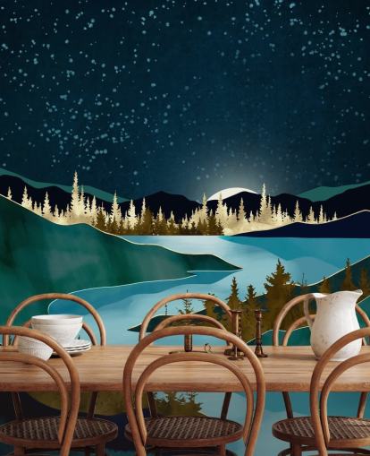 Navy sky over green mountains with a light blue river