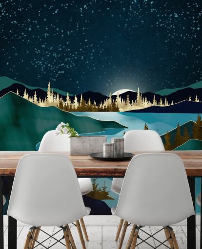 Navy sky over green mountains with a light blue river