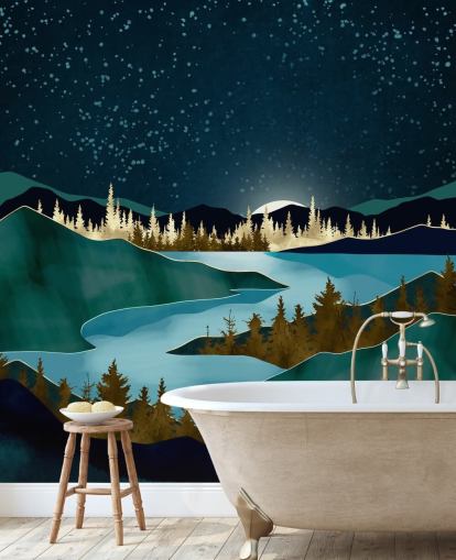 Ciel bleu marine au-dessus de montagnes verdoyantes avec une rivière bleu clair