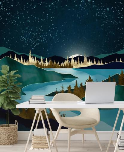 Navy sky over green mountains with a light blue river