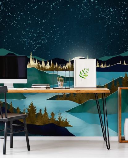 Navy sky over green mountains with a light blue river