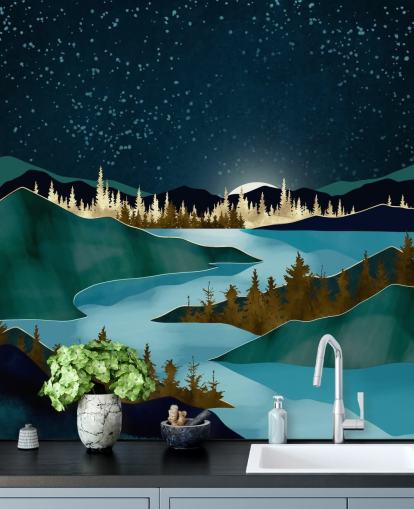 Navy sky over green mountains with a light blue river Navy sky over green mountains with a light blue river