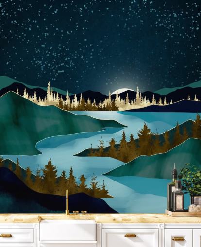 Navy sky over green mountains with a light blue river