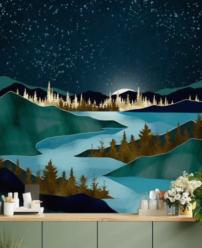 Navy sky over green mountains with a light blue river