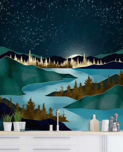 Ciel bleu marine au-dessus de montagnes verdoyantes avec une rivière bleu clair Ciel bleu marine au-dessus de montagnes verdoyantes avec une rivière bleu clair