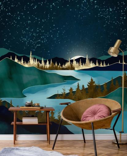 Navy sky over green mountains with a light blue river Navy sky over green mountains with a light blue river