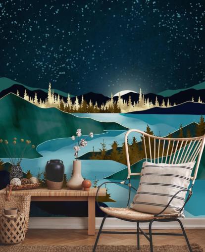 Cielo azul marino sobre montañas verdes con un río azul claro