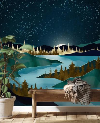 Navy sky over green mountains with a light blue river