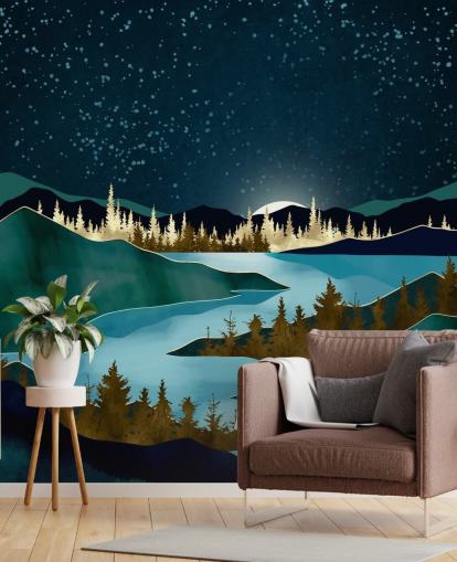 Navy sky over green mountains with a light blue river