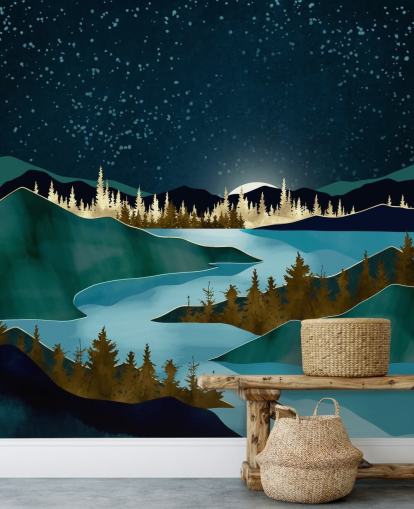 Ciel bleu marine au-dessus de montagnes verdoyantes avec une rivière bleu clair