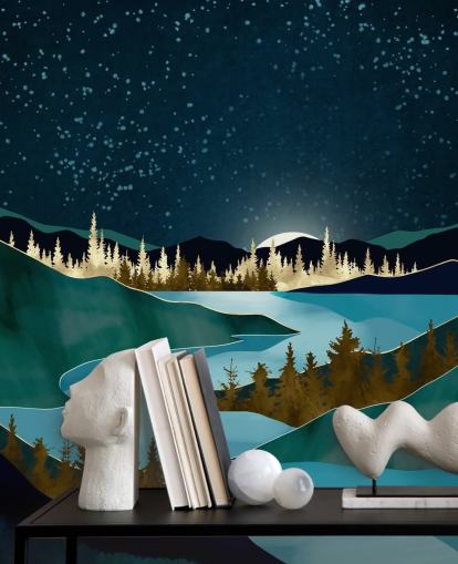 Marinblå himmel över gröna berg med en ljusblå flod