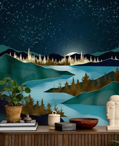 Navy sky over green mountains with a light blue river