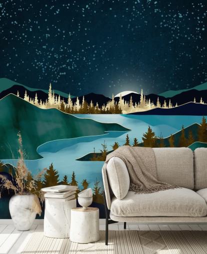 Navy sky over green mountains with a light blue river wall mural Navy sky over green mountains with a light blue river wall mural