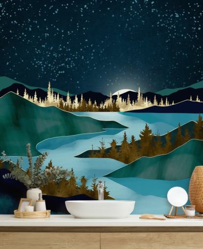 Navy sky over green mountains with a light blue river