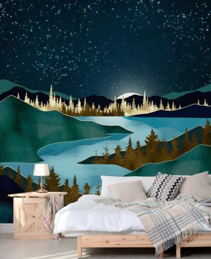 Navy sky over green mountains with a light blue river wall mural