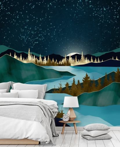 Navy sky over green mountains with a light blue river