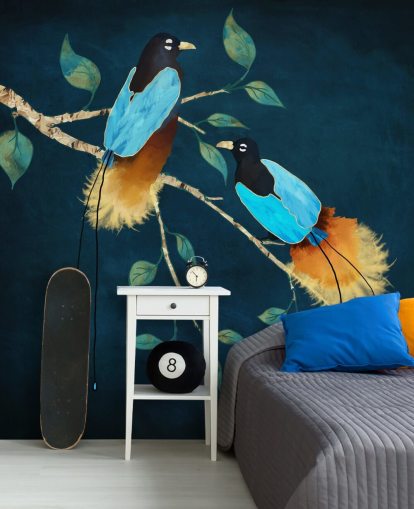 Blue and gold birds on a branch with green leaves on a dark blue background