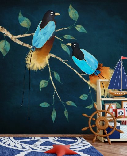 Blue and gold birds on a branch with green leaves on a dark blue background