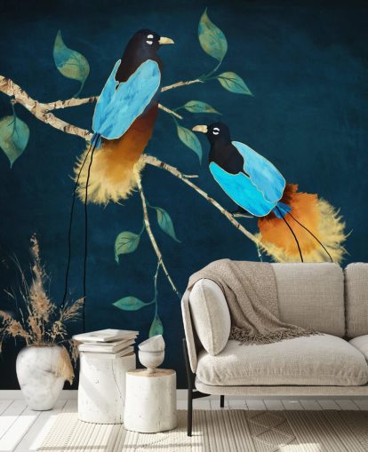 Blue and gold birds on a branch with green leaves on a dark blue background