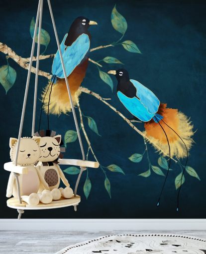 Blue and gold birds on a branch with green leaves on a dark blue background