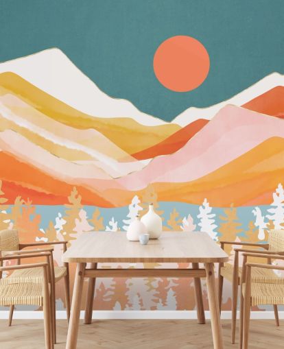 Orange og gule bjerge og skov med en krikand himmel og orange sol Orange og gule bjerge og skov med en krikand himmel og orange sol