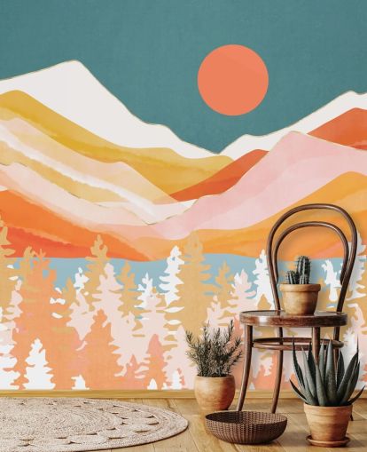 Orange and yellow mountains and forest with a teal sky and orange sun wall mural