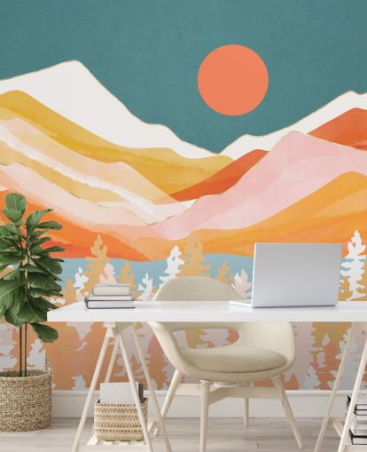Orange and yellow mountains and forest with a teal sky and orange sun wall mural Orange and yellow mountains and forest with a teal sky and orange sun wall mural