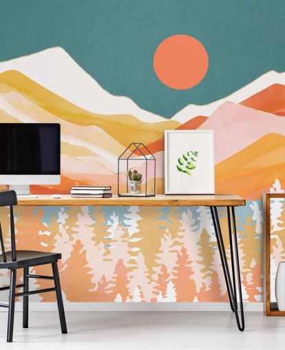 Oransje og gule fjell og skog med en blågrønn himmel og oransje sol Oransje og gule fjell og skog med en blågrønn himmel og oransje sol