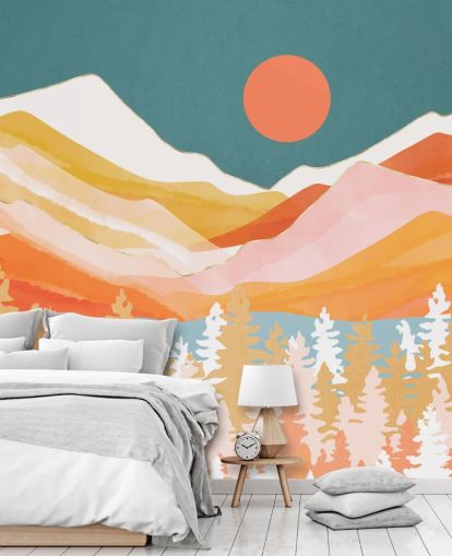 Orange and yellow mountains and forest with a teal sky and orange sun wall mural