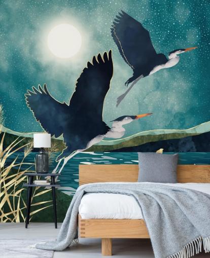 Navy herons flying over a blue river with a turquiose sky Navy herons flying over a blue river with a turquiose sky