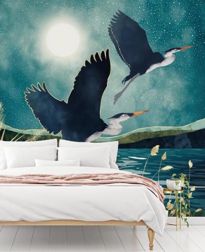 Garzas marinas volando sobre un río azul con un cielo turquesa