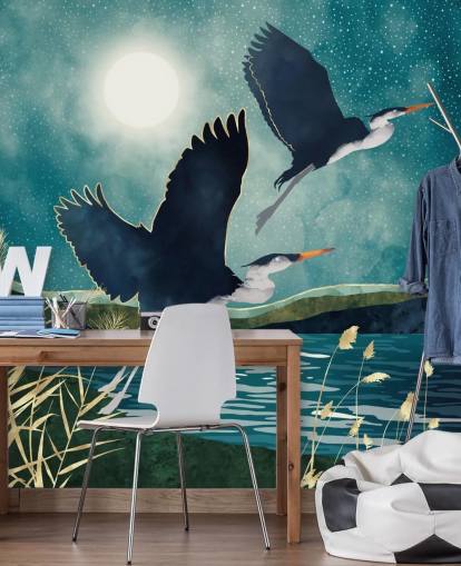 Navy hägrar som flyger över en blå flod med en turkos himmel Navy hägrar som flyger över en blå flod med en turkos himmel