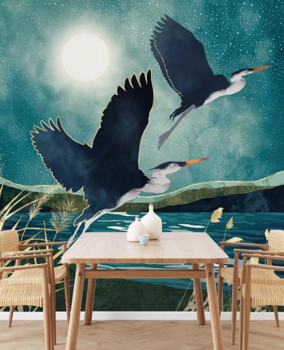 Garzas marinas volando sobre un río azul con un cielo turquesa