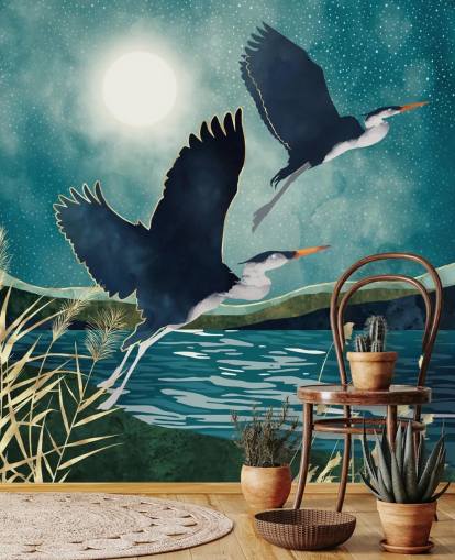 Navy herons flying over a blue river with a turquiose sky Navy herons flying over a blue river with a turquiose sky