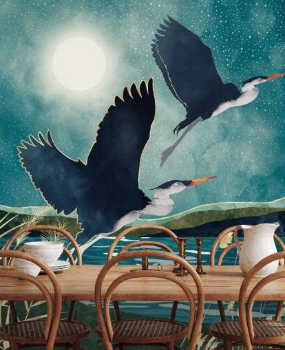 Navy herons flying over a blue river with a turquiose sky