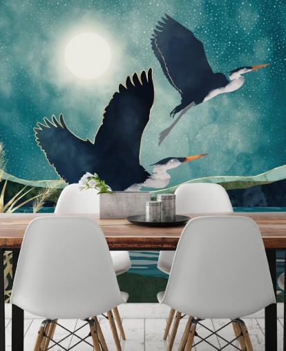 Marine-reigers vliegen over een blauwe rivier met een turquoise lucht