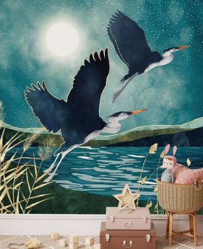 Navy herons flying over a blue river with a turquiose sky