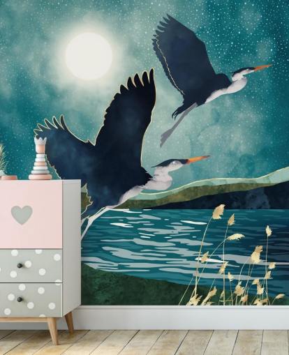 Navy herons flying over a blue river with a turquiose sky