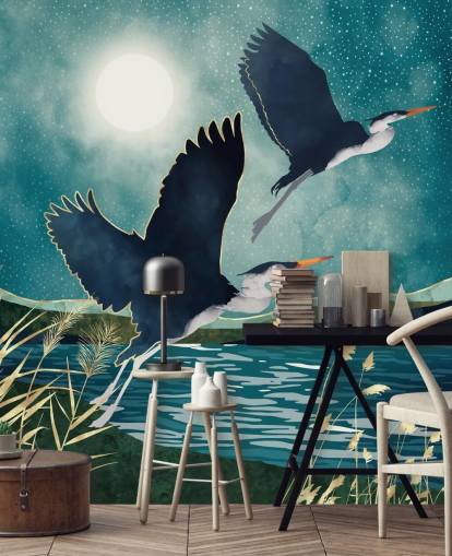 Navy herons flying over a blue river with a turquiose sky Navy herons flying over a blue river with a turquiose sky