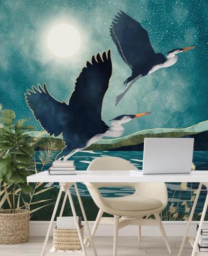 Marine-reigers vliegen over een blauwe rivier met een turquoise lucht